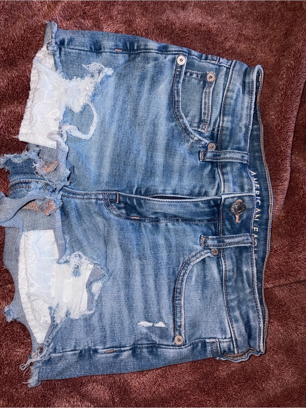 American Eagle Outfitters Light Blue Ripped Denim Shorts with Lace